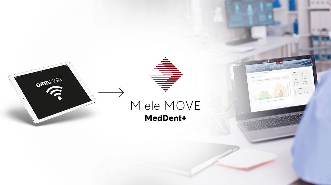 Mitarbeiterin mit Tablet in medizinischem Aufbereitungsraum prüft Programmablauf über die Software Miele MOVE MedDent+.