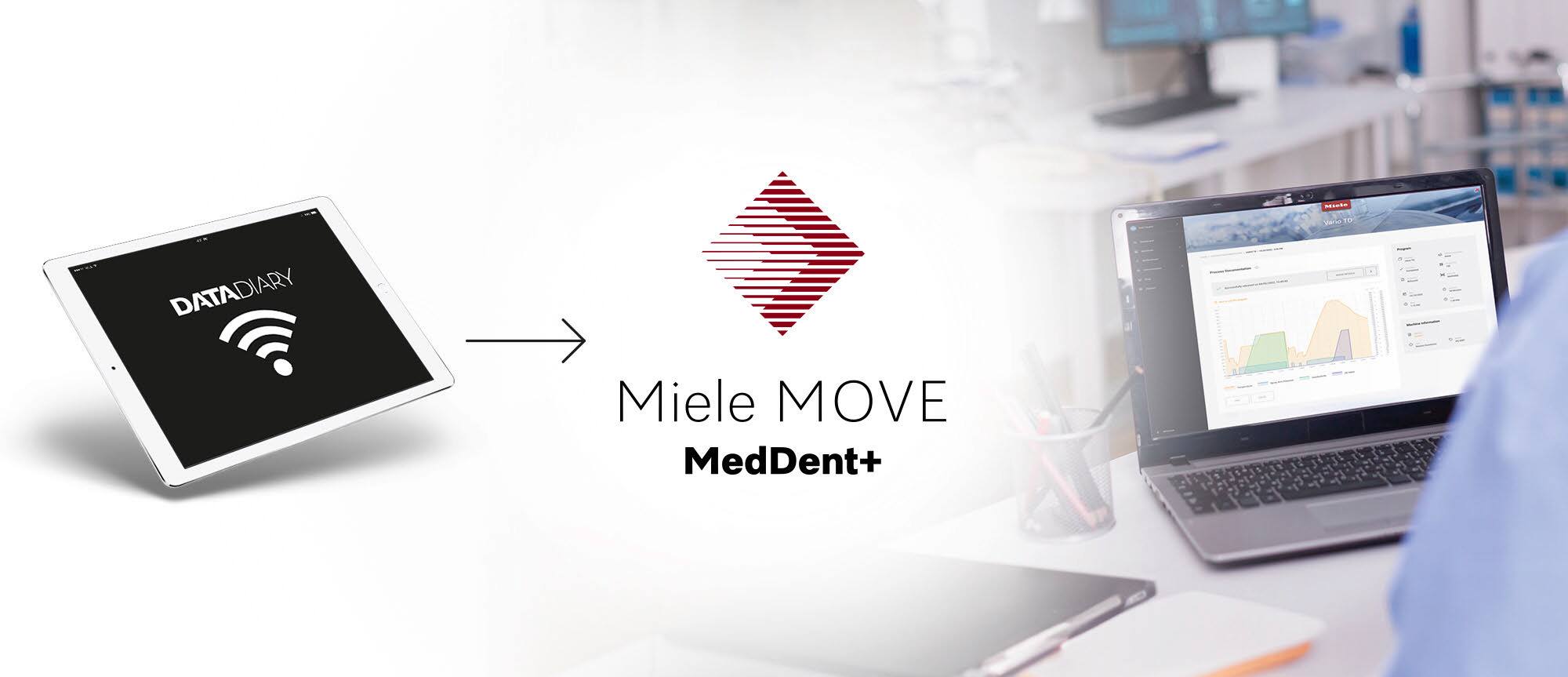 DataDiary logo und Miele MOVE MedDent+ logo neben einem Laptop in einer Arztpraxis