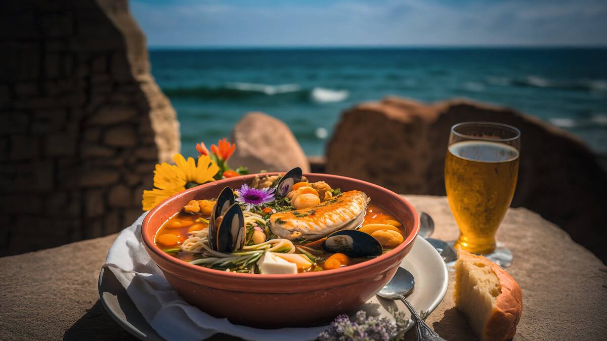 Dish with seafood and drink. Rocks and sea in the background.