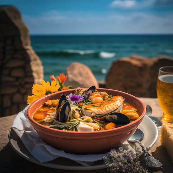 Gericht mit Meeresfrüchten und Getränk. Steine und Meer im Hintergrund.