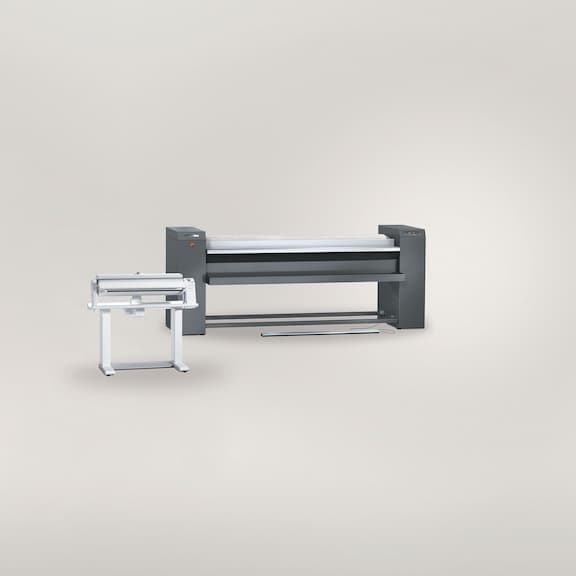 Two laundry ironers on a grey background