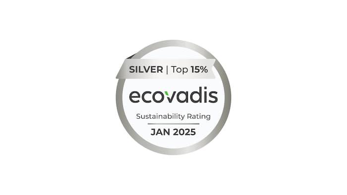 In the center of the image is a round EcoVadis logo with the text 'SILVER | Top 15% ecovadis Sustainability Rating JAN 2025'.