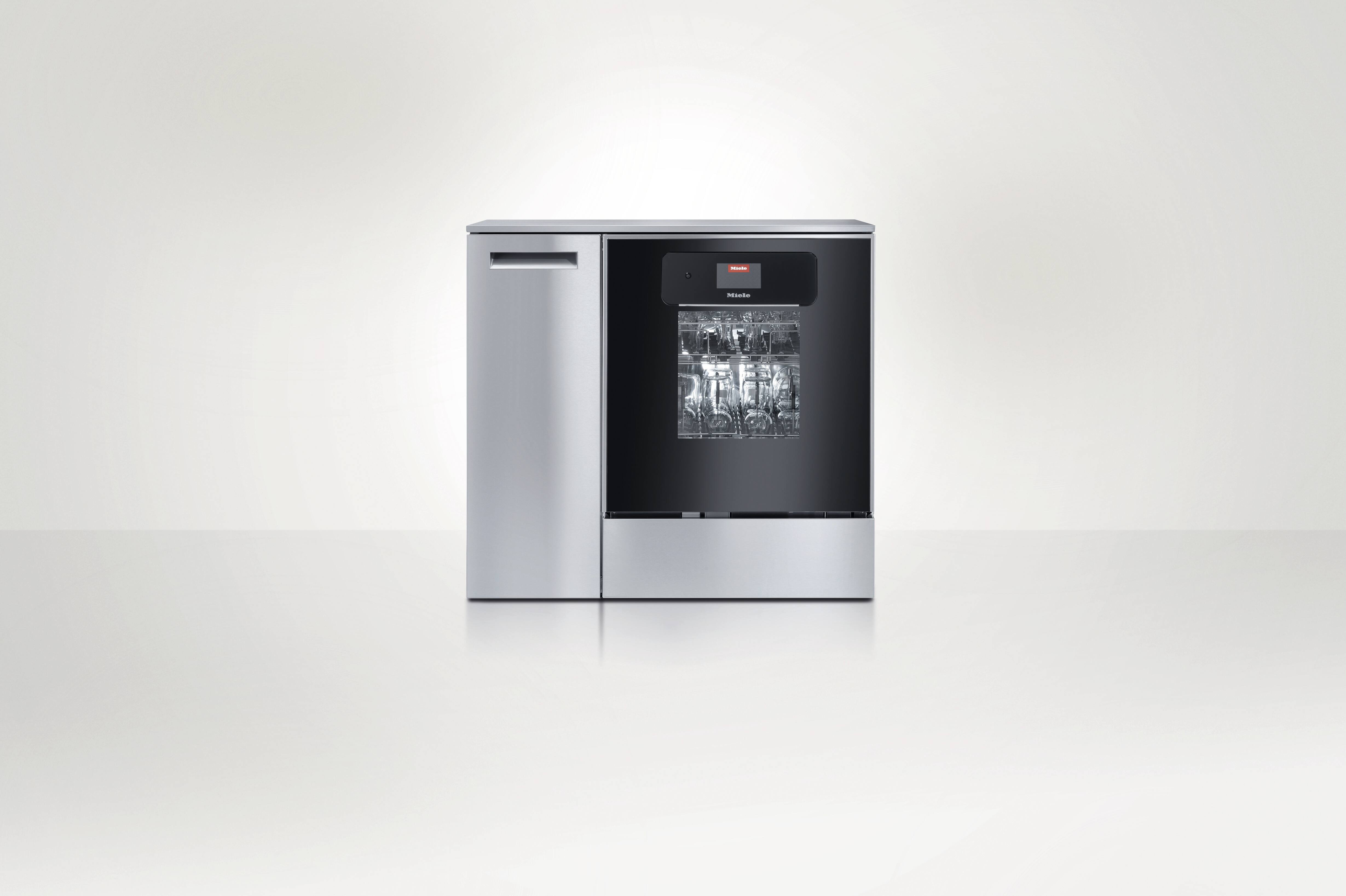 ExpertLine Laborspüler PLW 8683 CD mit Glastür und Seitenschrank für Reinigungsmittel vor neutralem Hintergrund.