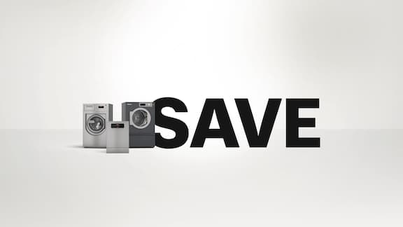 Promo for Miele Professional: 3 commercial machines – Benchmark PWM 912 washing machine, Benchmark PDR 914 tumble dryer and MasterLine PFD 404 dishwasher – against a neutral background. The lettering “SAVE” appears above it in large black letters.