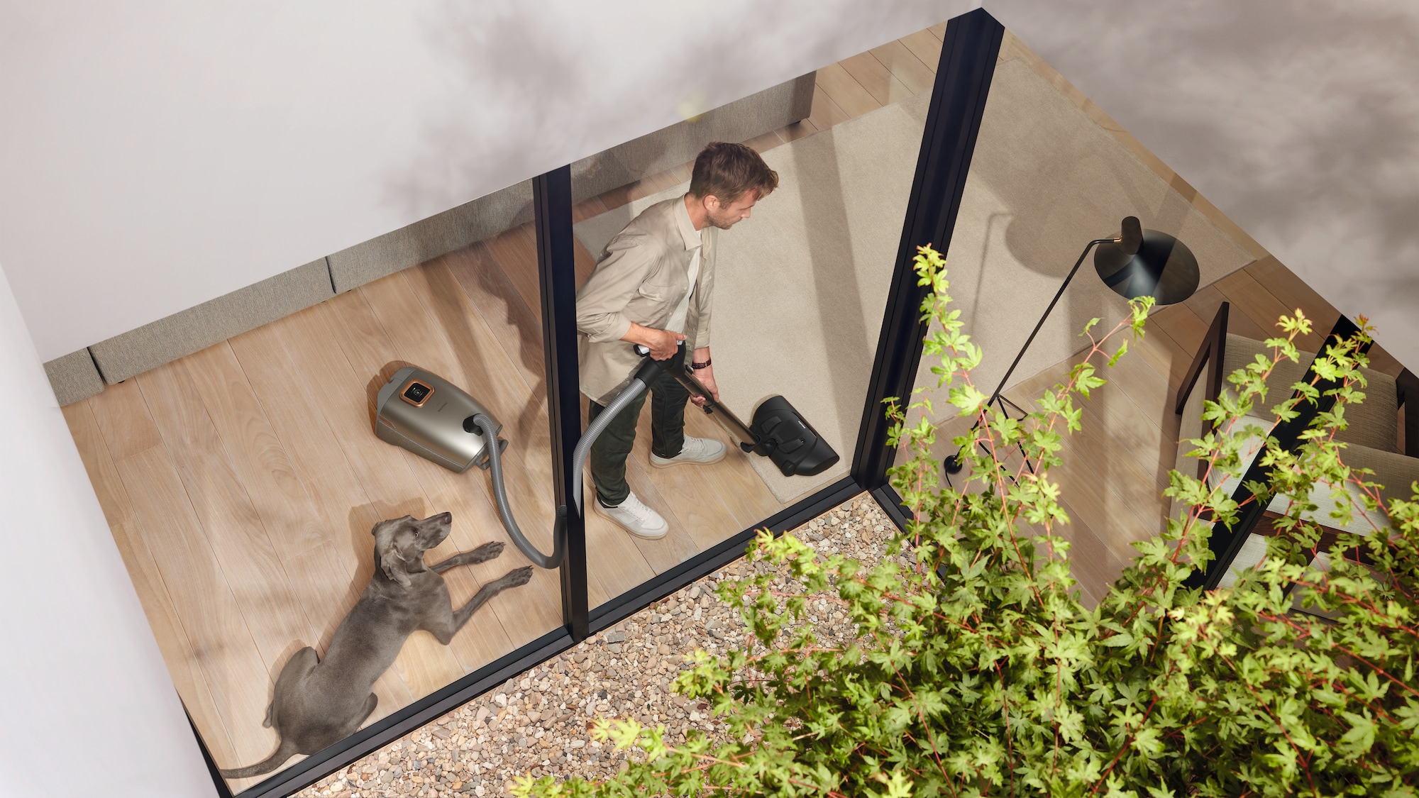 A person vacuuming an area rug inside of a house with a canister vacuum while a large dog is laying behind them.