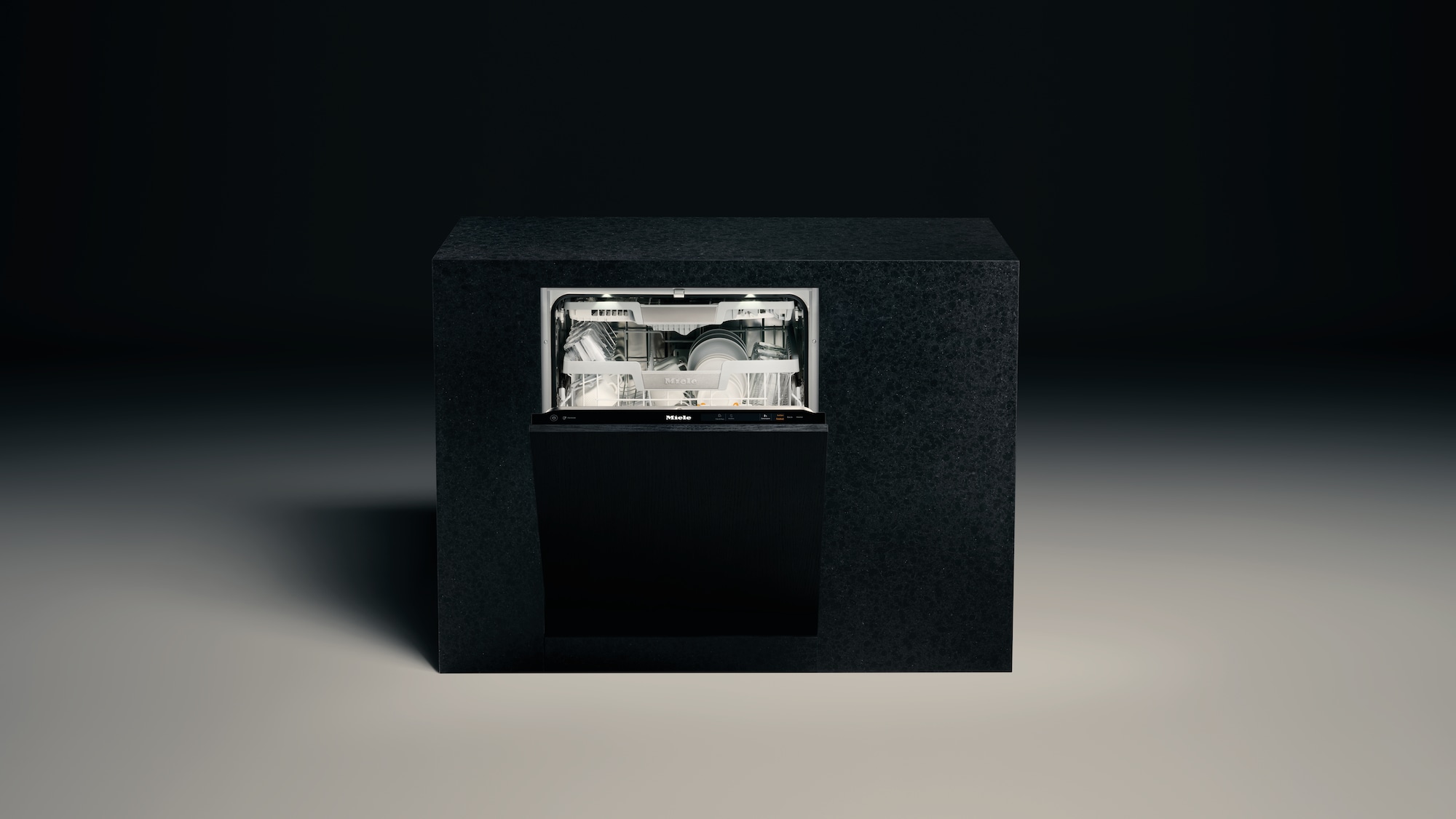 Miele Dishwasher with its door opened, standing alone in a dark background setting