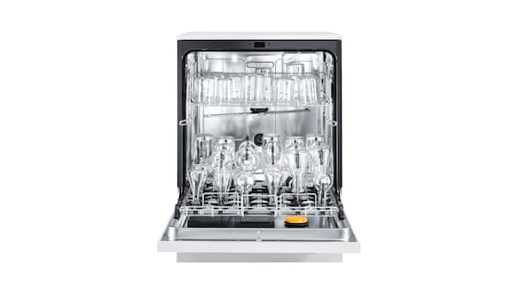 Vista frontal de uma máquina de lavar e desinfetar para laboratório ExploreLine aberta com equipamento de série.