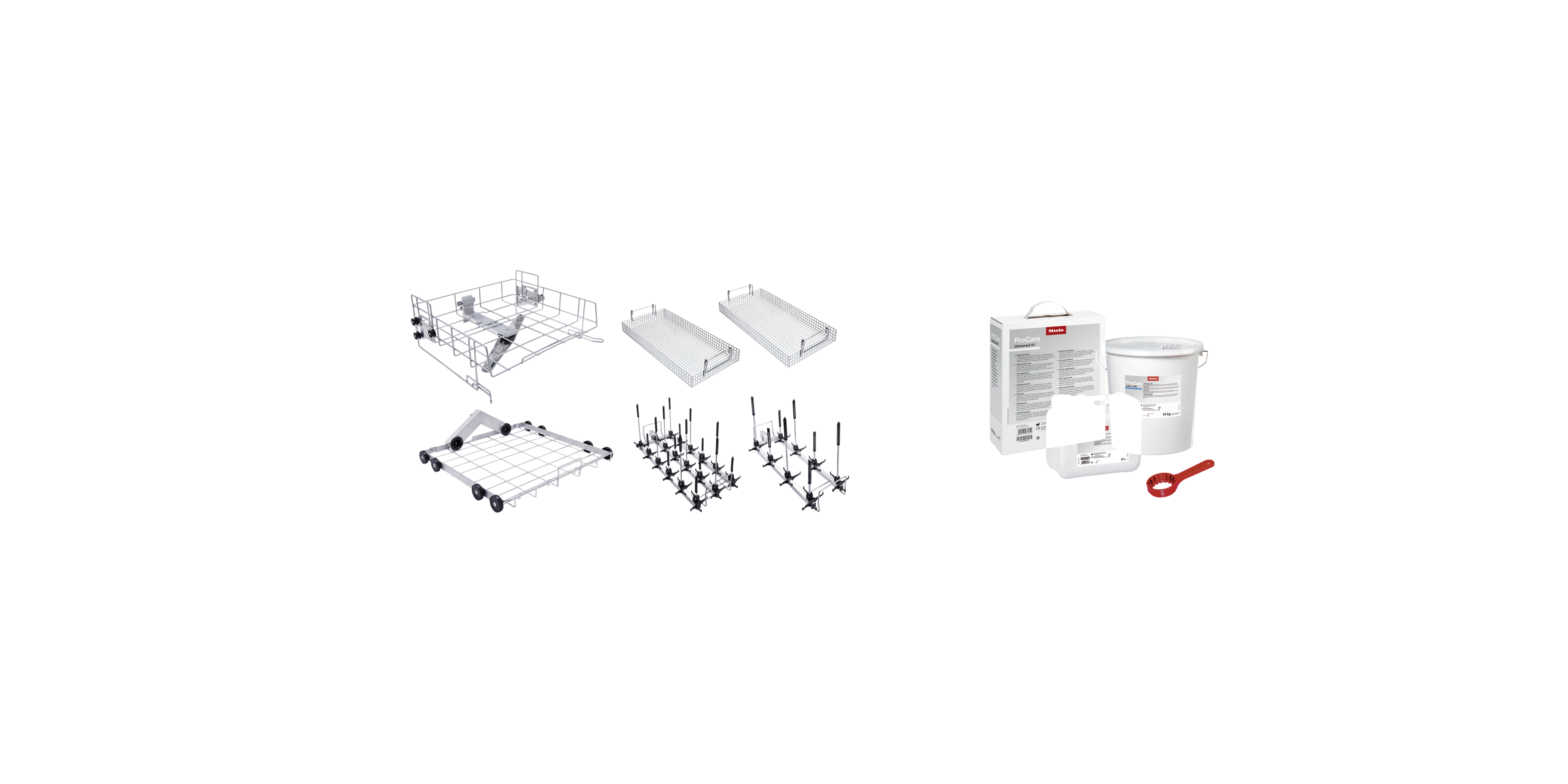 Collage consisting of an upper basket, two inserts for this, a lower basket and two EasyLoad modules for this.