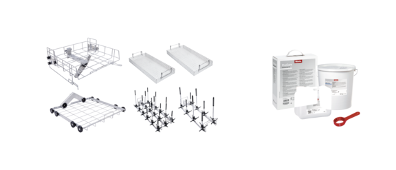 Collage consisting of an upper basket, two inserts for this, a lower basket and two EasyLoad modules for this.