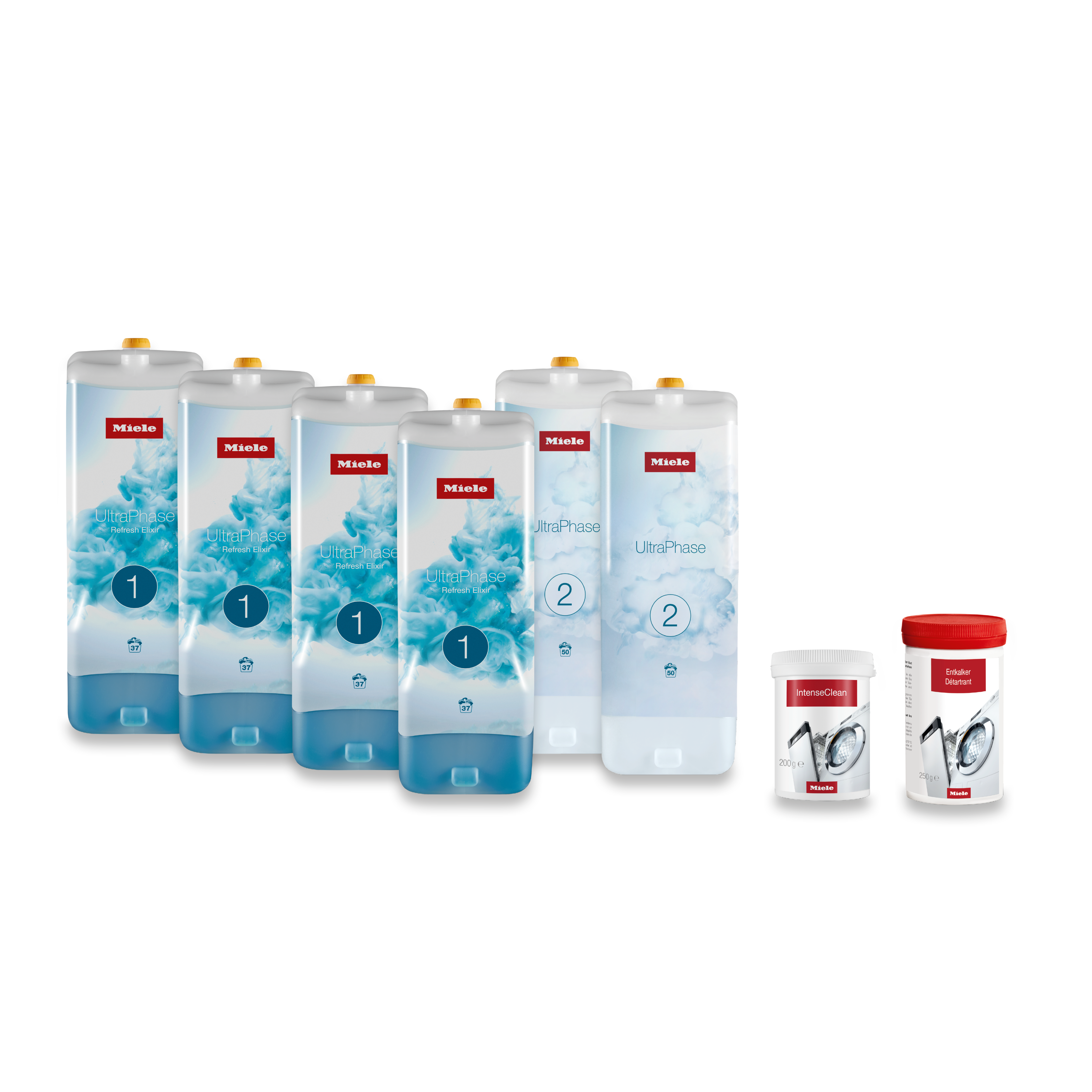 Lessive liquide UltraPhase Refresh Elixir et produits d’entretien de l’appareil HyClean de Miele