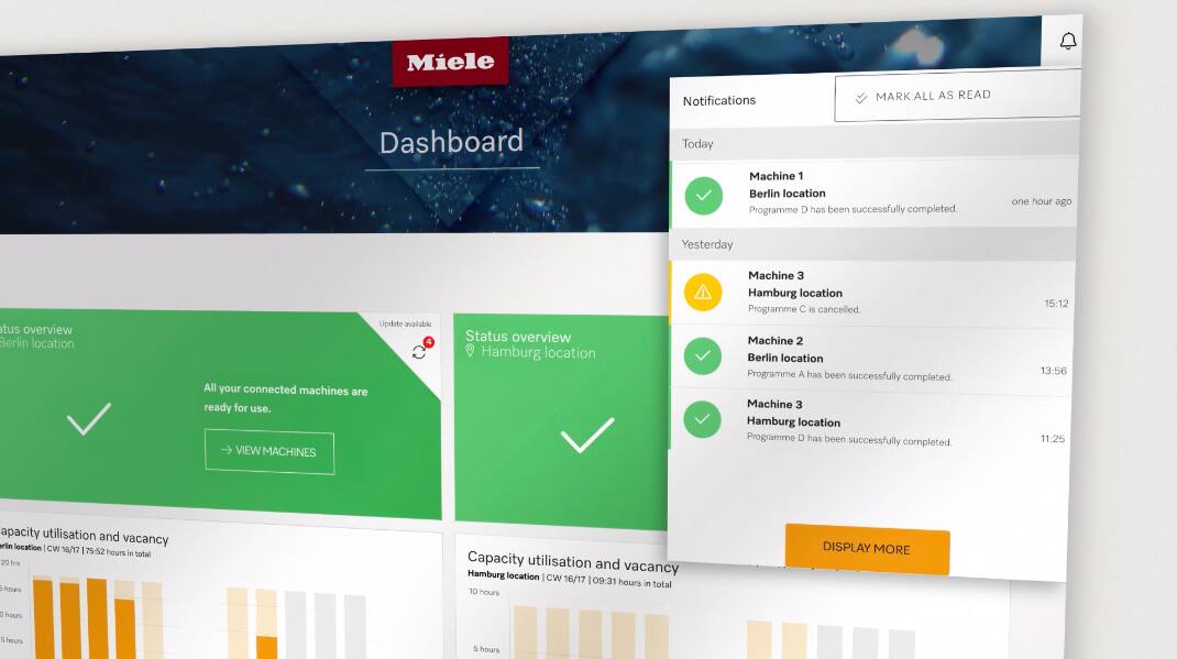 Miele MOVE Connect Dashboard with location information, machine status and notifications.