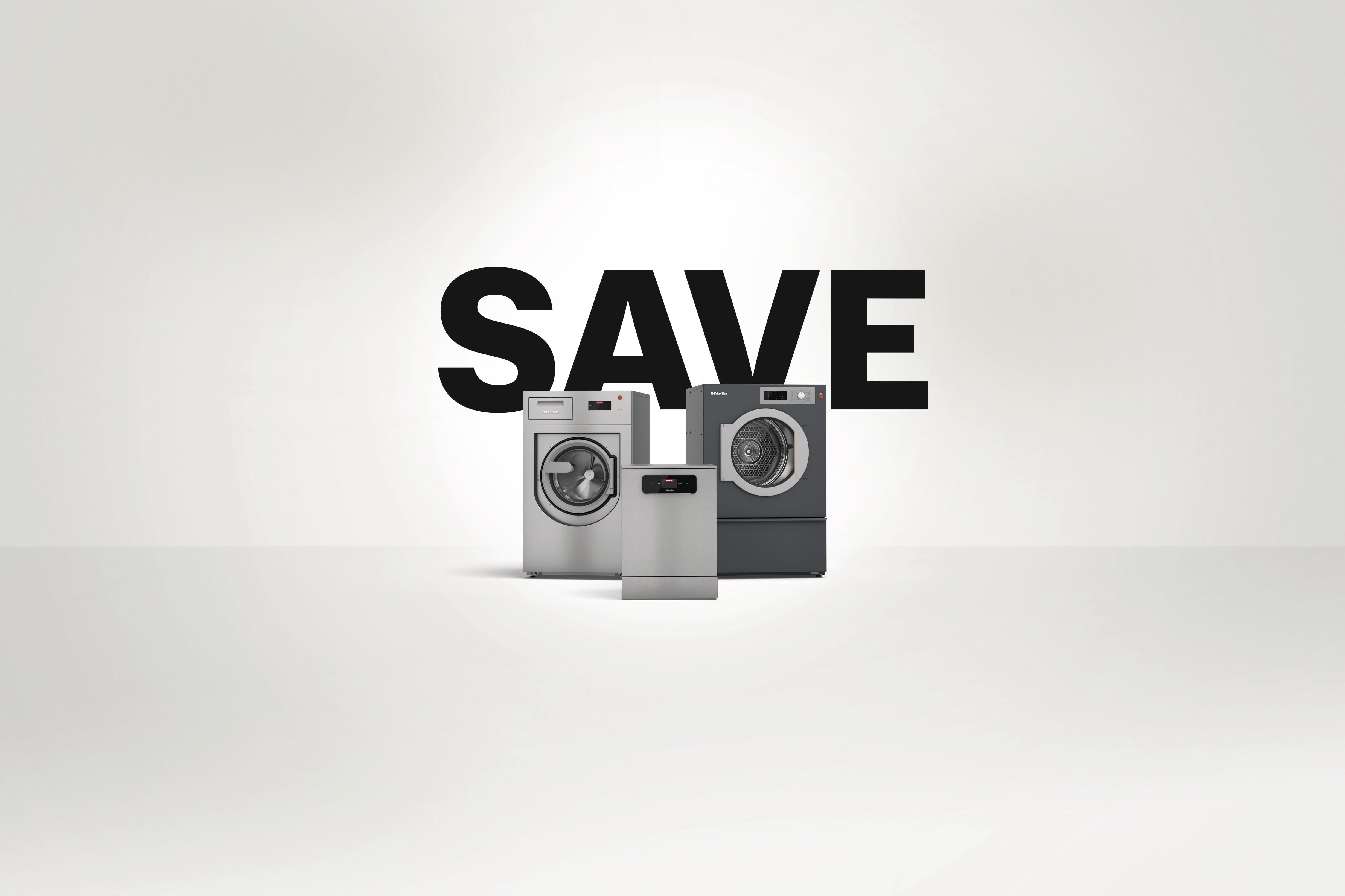 Promo voor Miele Professional: 3 professionele toestellen – Benchmark PWM 912 wasmachine, Benchmark PDR 914 droogkast en MasterLine PFD 404 vaatwasser – tegen een neutrale achtergrond. Het opschrift “SAVE” verschijnt erboven in grote zwarte letters.