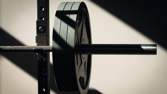 A barbell with three weight plates rests on a stand.