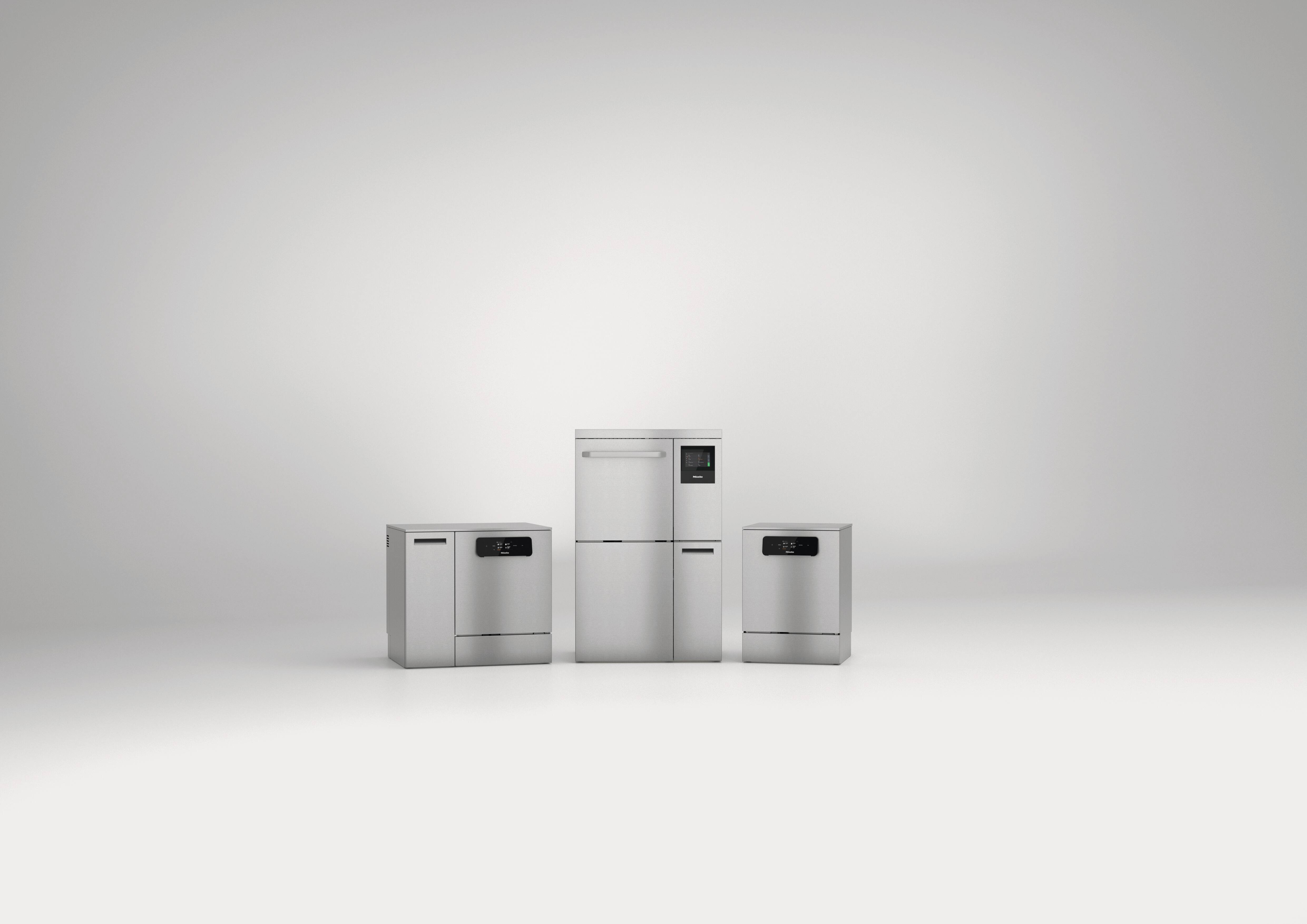 Group shot of three ExpertLine laboratory washers in different sizes on a grey background.