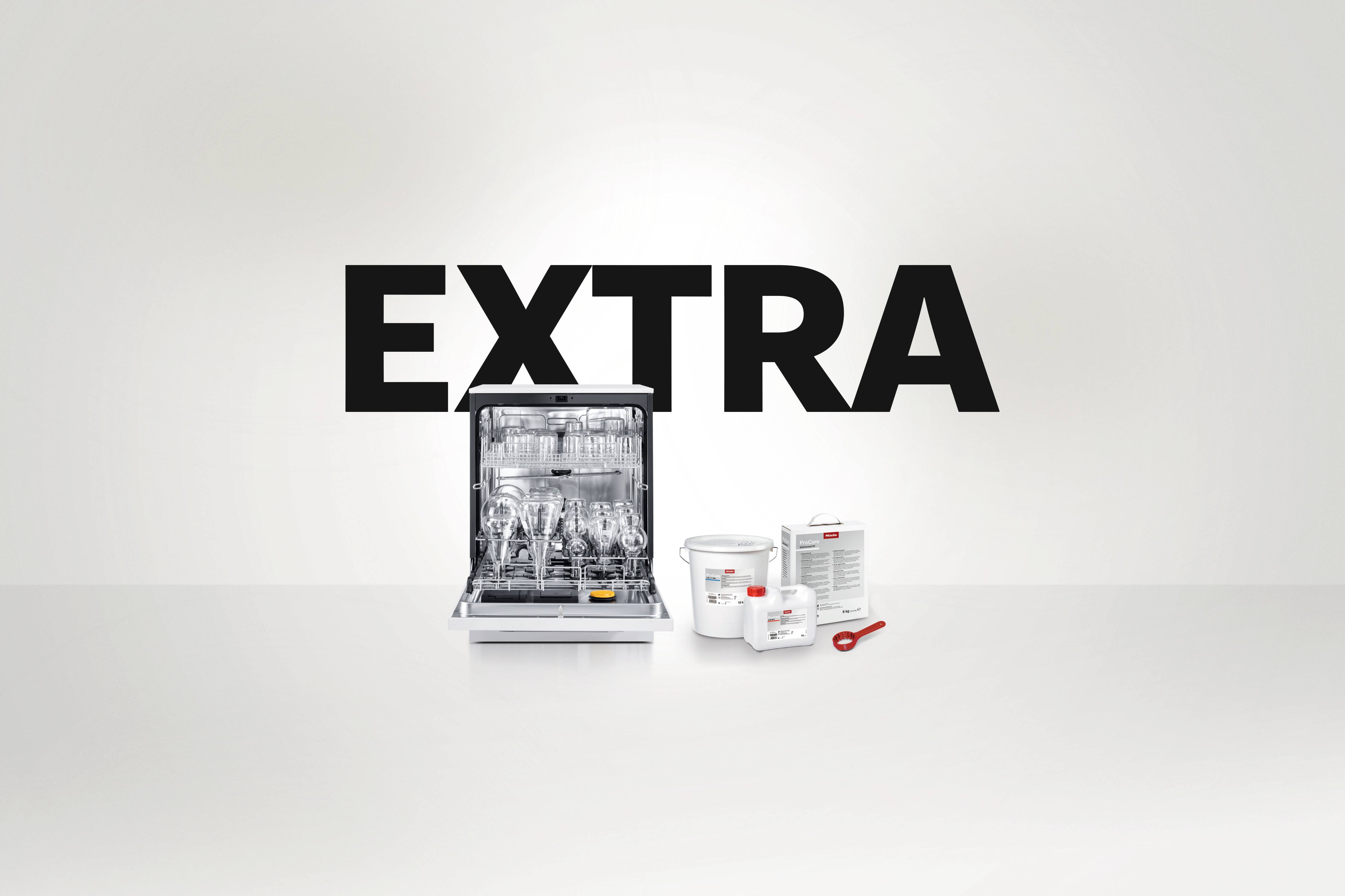 Promoção da Miele Professional: máquina de lavar e desinfetar para laboratório PLW 8604 sobre um fundo neutro. A palavra «EXTRA» aparece por cima em letras grandes a preto. 