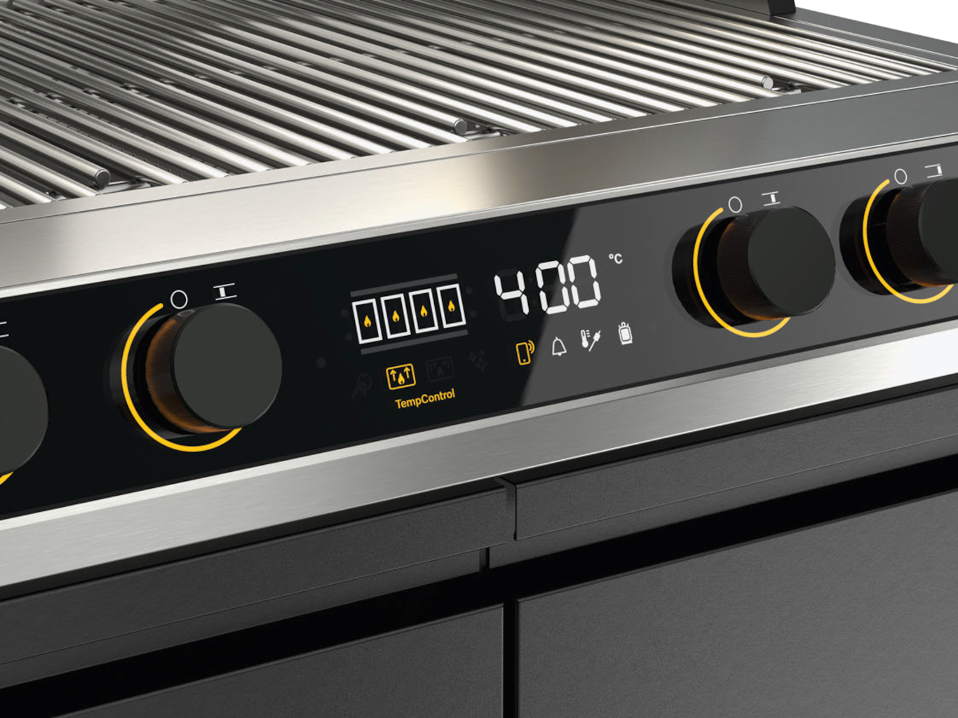 Крупный план дисплея гриля Miele Fire Pro IQ с показаниями температуры и таймером