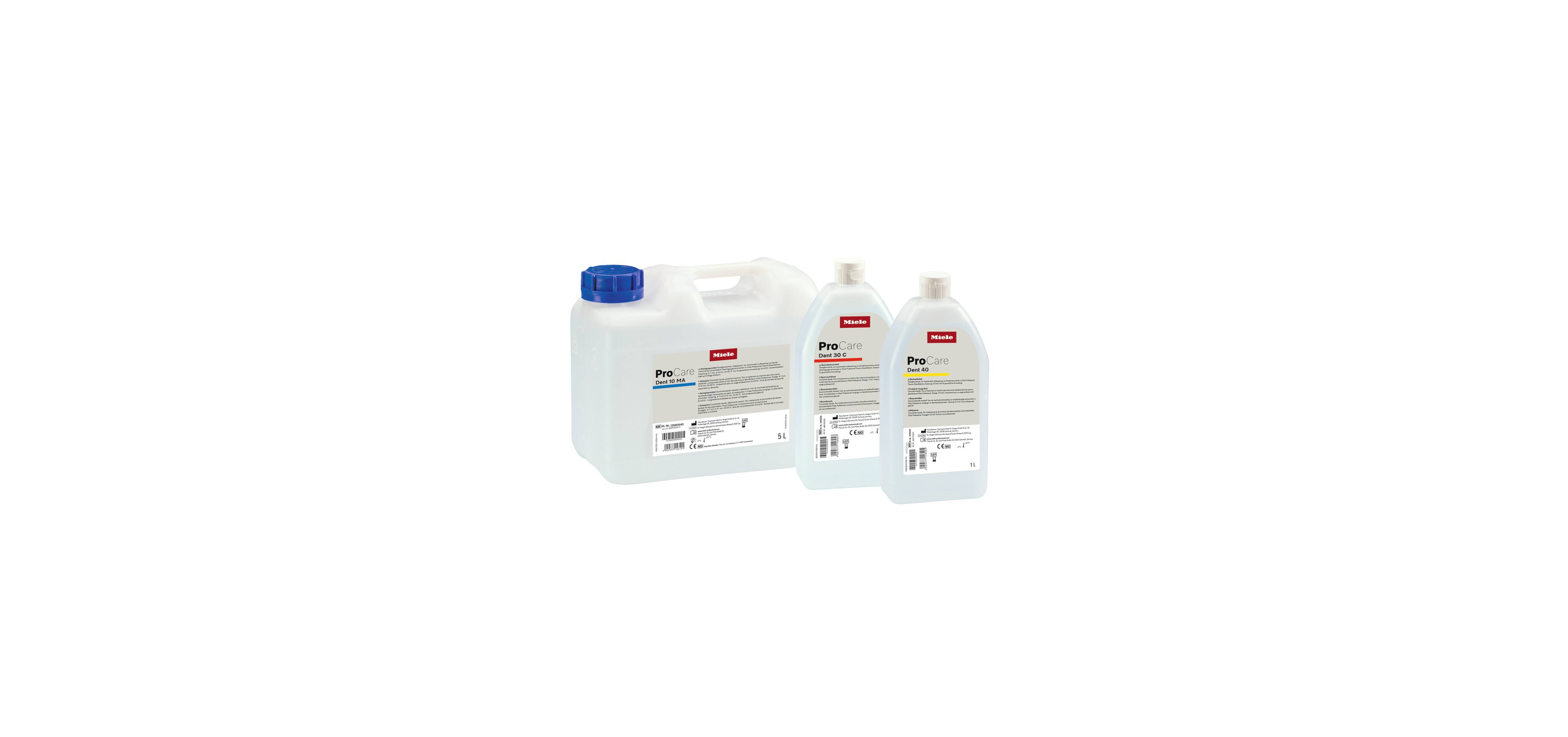 Conjunto de detergentes ProCare Lab da Miele sobre um fundo branco.