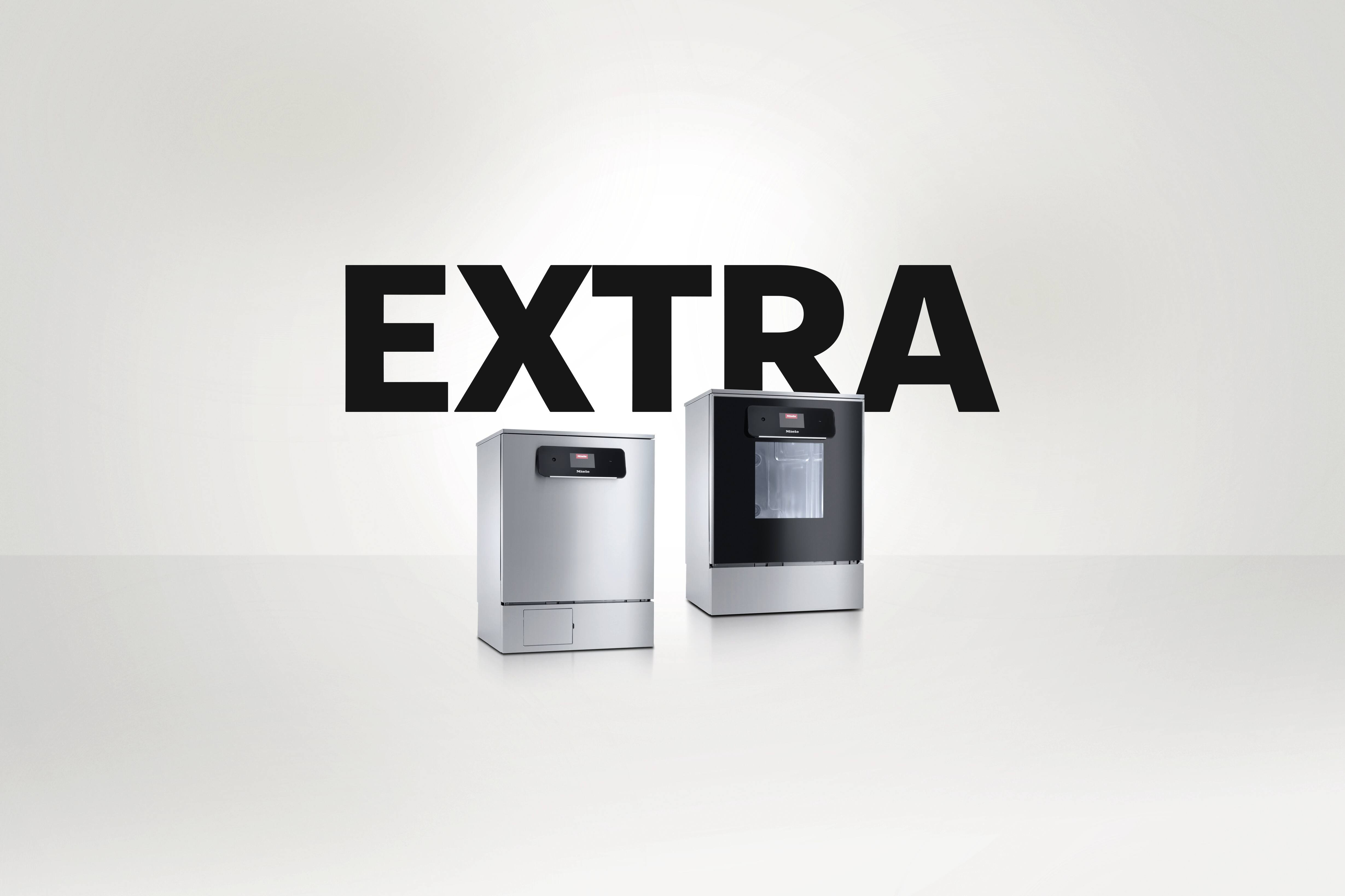 Promo for Miele Professional: 2 commercial machines – SlimLine PLW 7111 laboratory washer and ExpertLine PLW 8693 laboratory washer – against a neutral background. The lettering “EXTRA” appears above it in large black letters. 