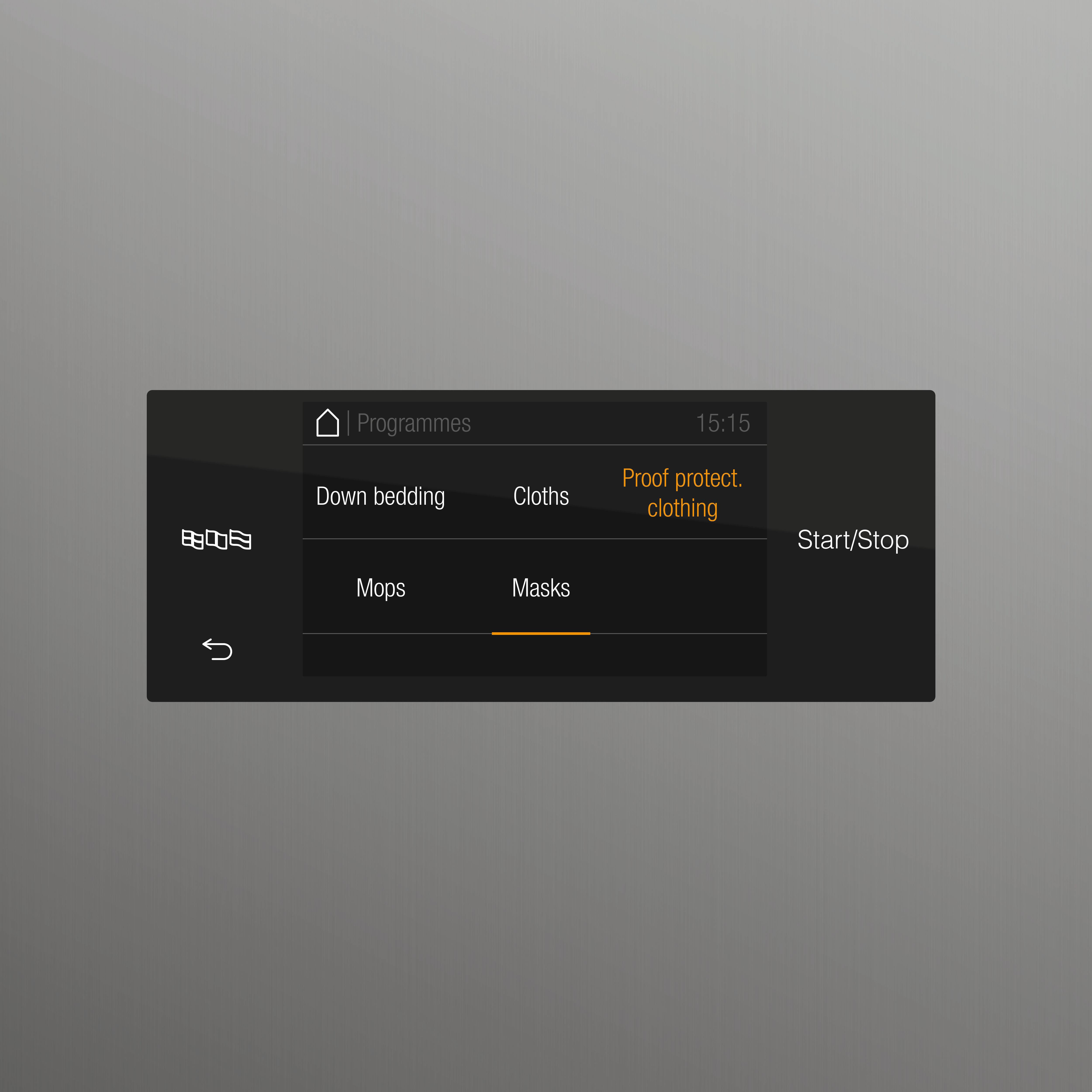 View of the programme selection on the Miele Benchmark Performance Plus tumble dryer.