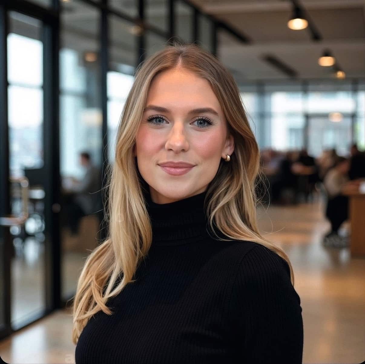A portrait of a person with long, straight blonde hair wearing a black turtleneck sweater, standing in a modern office space with glass walls and people working in the background.