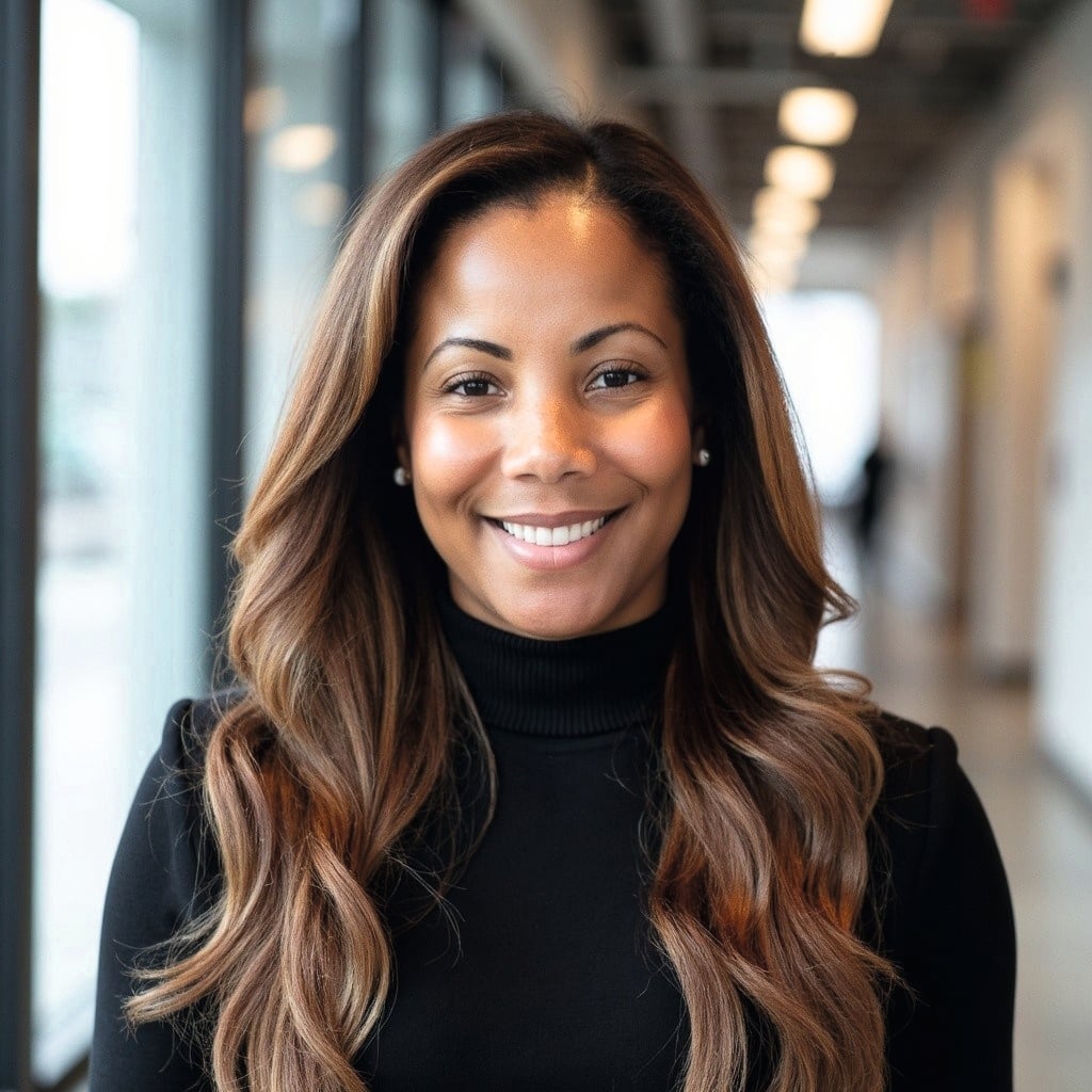 A portrait of a person with long, wavy brown hair wearing a black turtleneck sweater, standing in a bright hallway with large windows along one side.