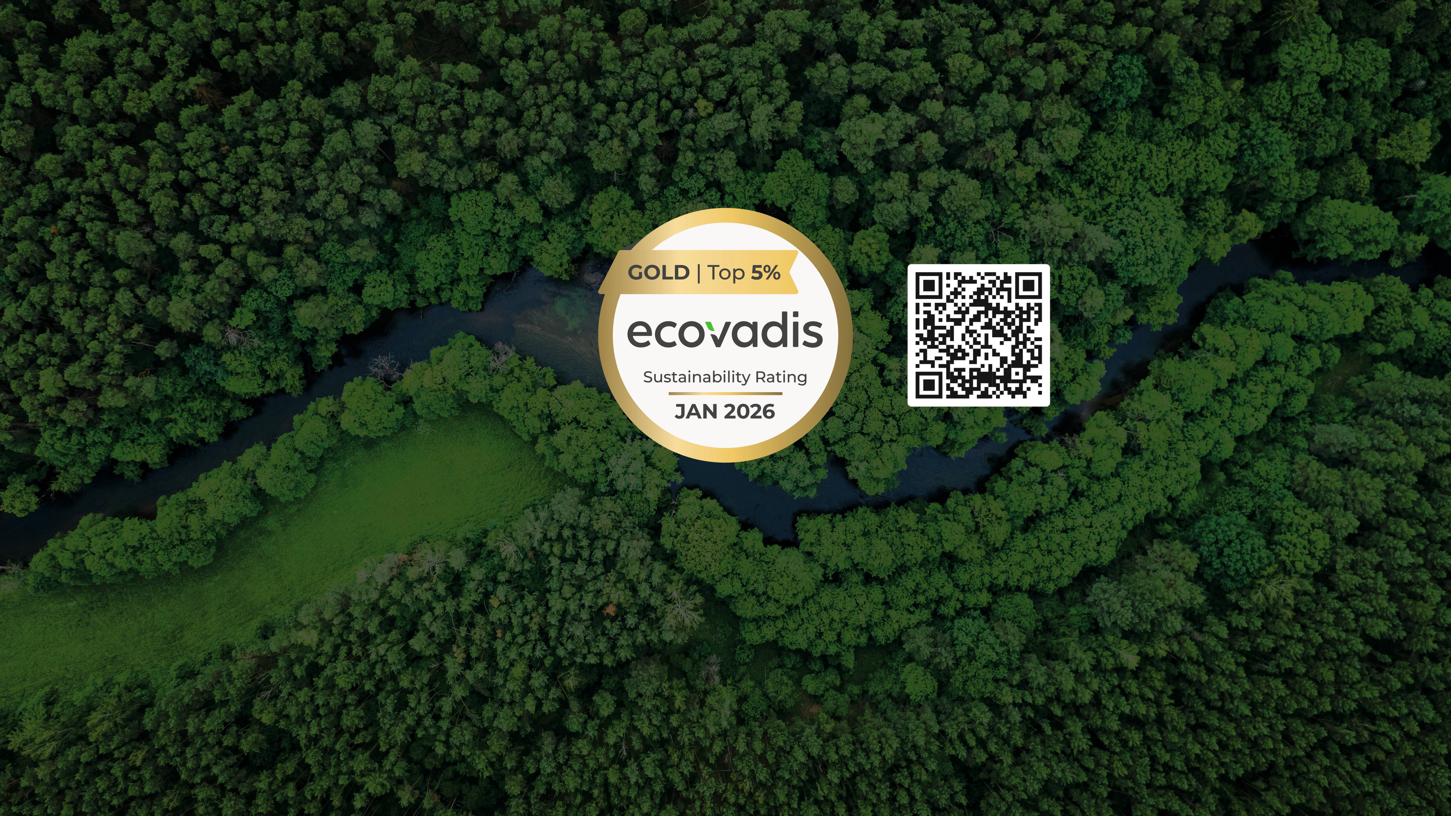 Aerial view of a forest with the Miele & Cie. KG EcoVadis Gold sustainability rating badge and a QR code