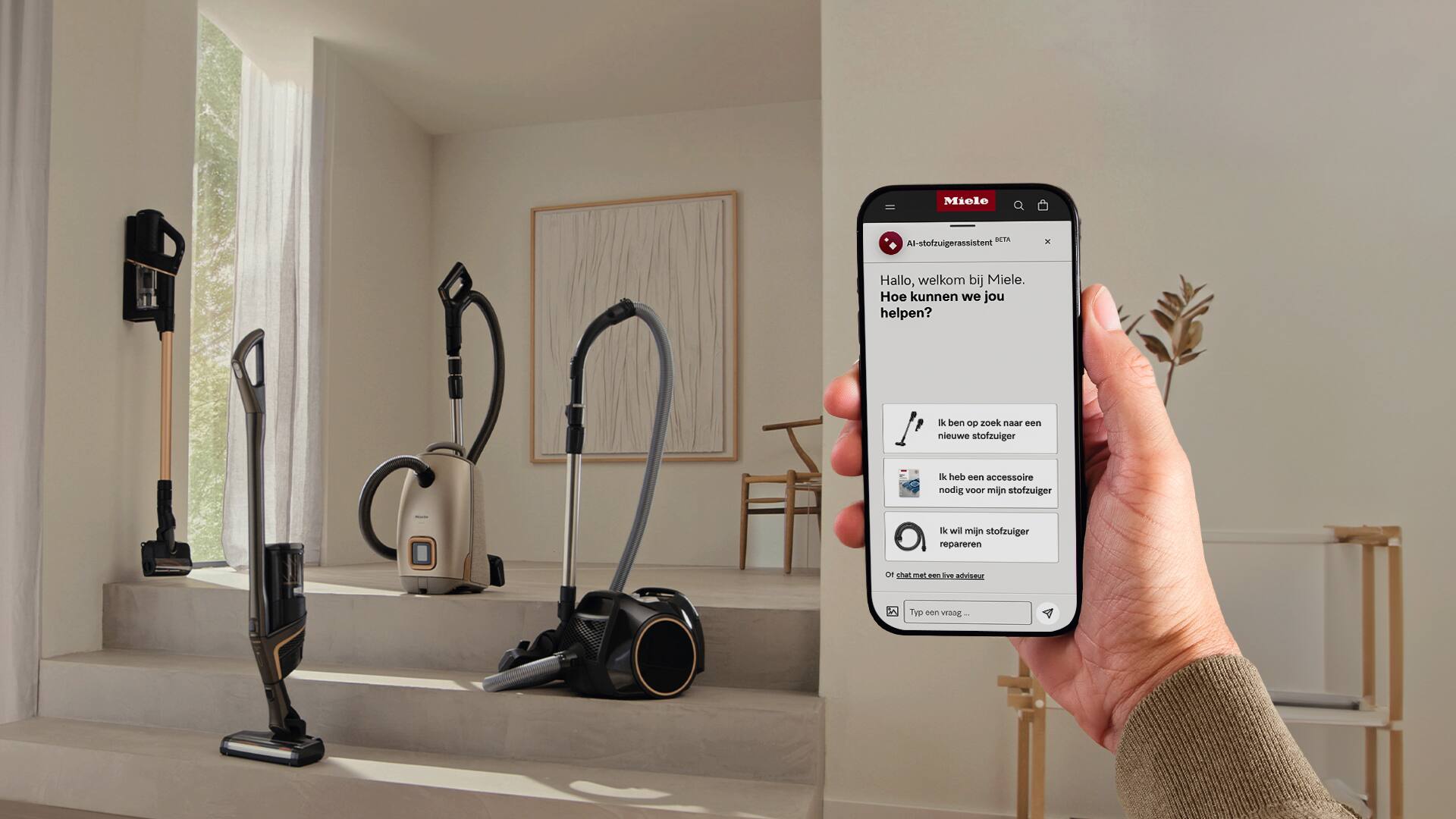 Miele stofzuigersuite in een moderne huisomgeving getoond op verschillende trappen