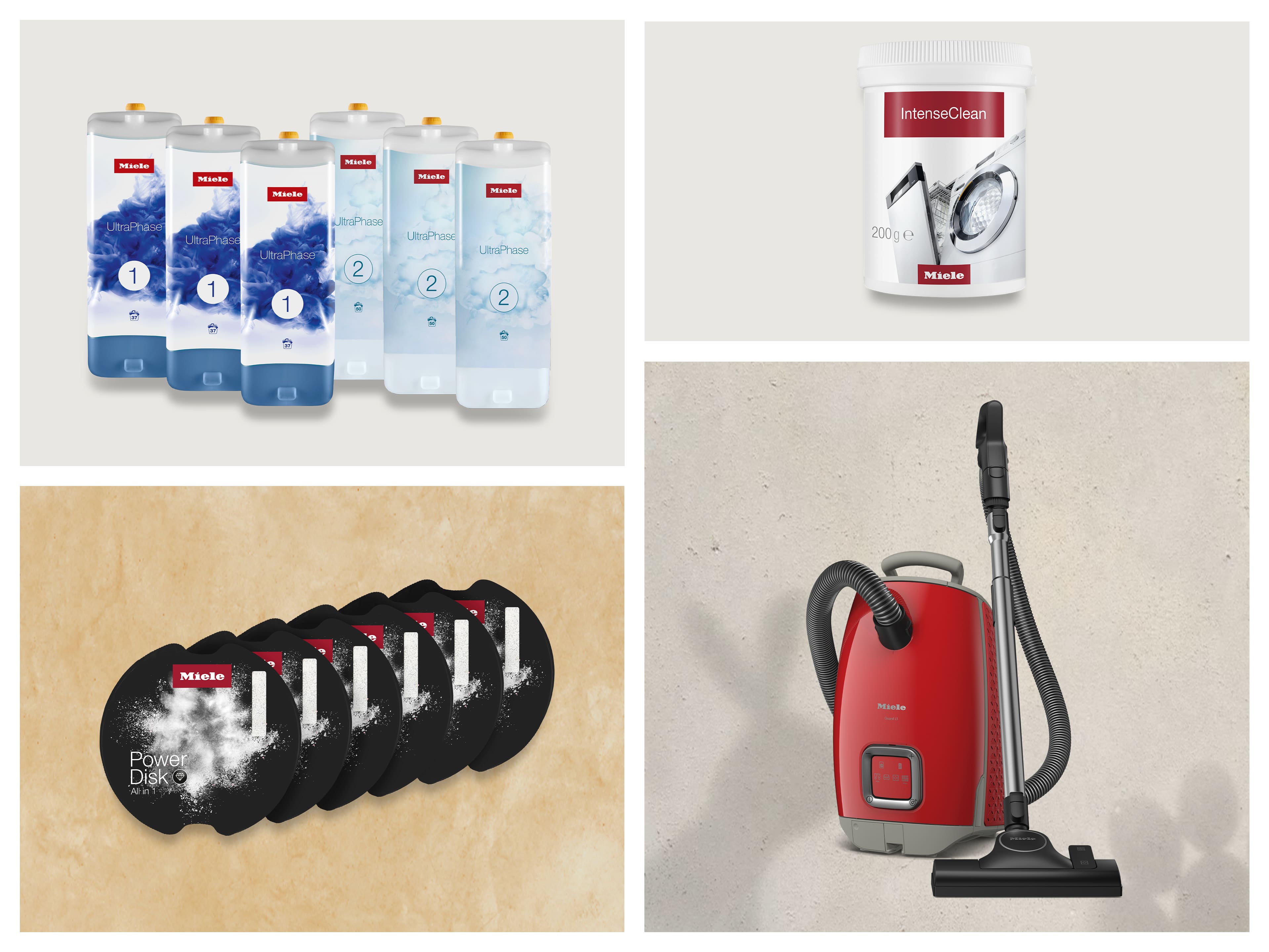 Collage mit Miele Produkten: UltraPhase Waschmittelkartuschen, IntenseClean Maschinenreiniger, PowerDisk Geschirrspülmittel und ein roter Miele Staubsauger.