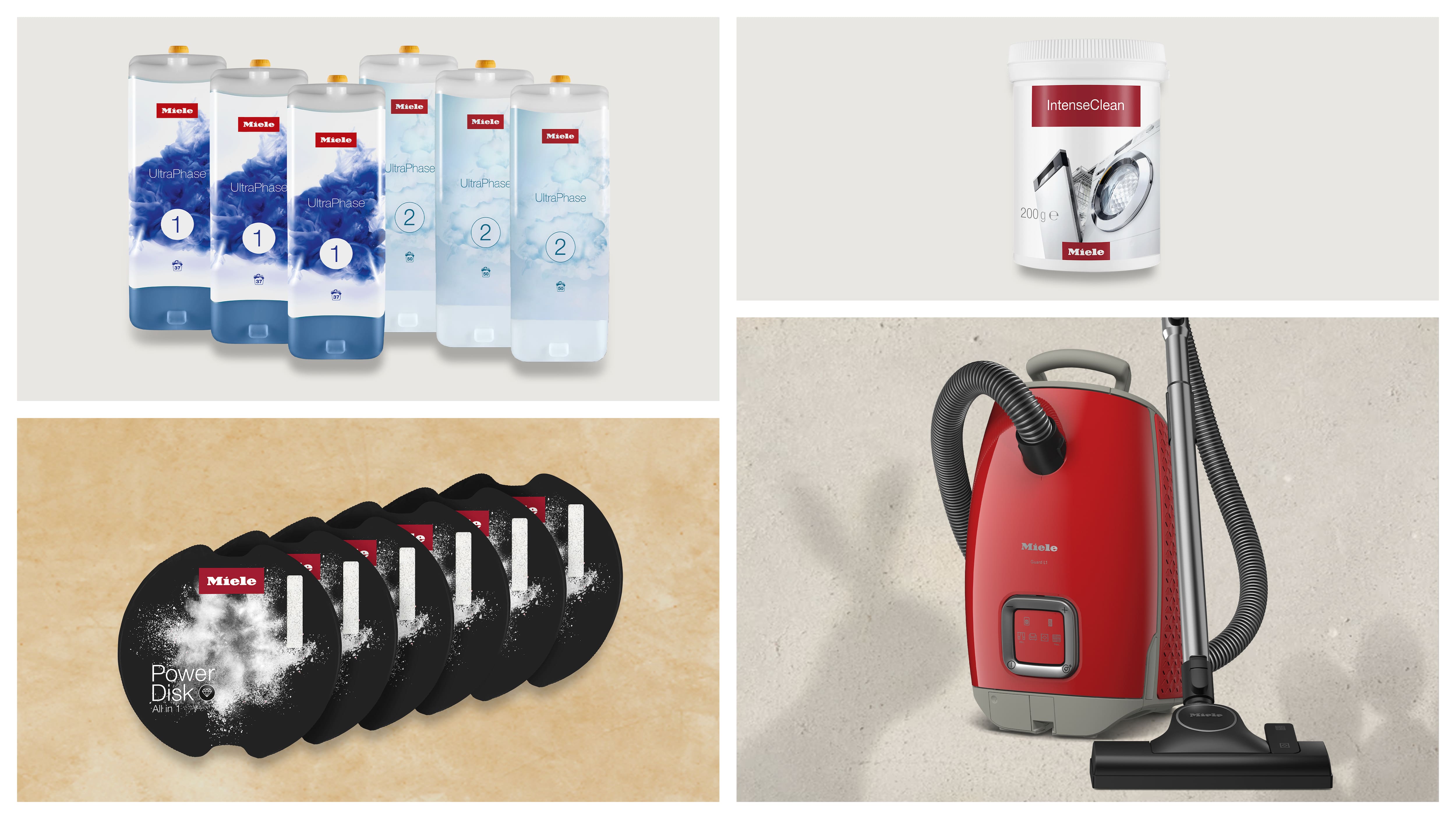 Collage mit Miele Produkten: UltraPhase Waschmittelkartuschen, IntenseClean Maschinenreiniger, PowerDisk Geschirrspülmittel und ein roter Miele Staubsauger.
