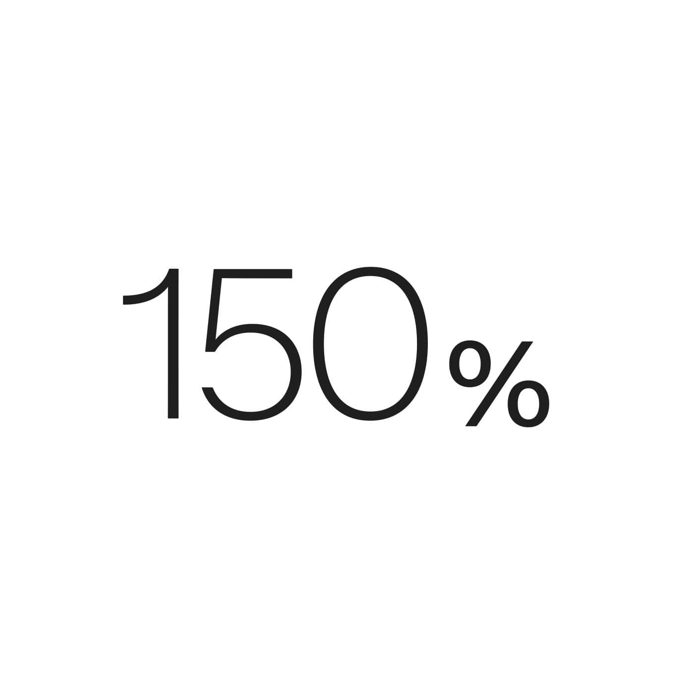 Schwarze Ziffern 150 % auf weißem Hintergrund.