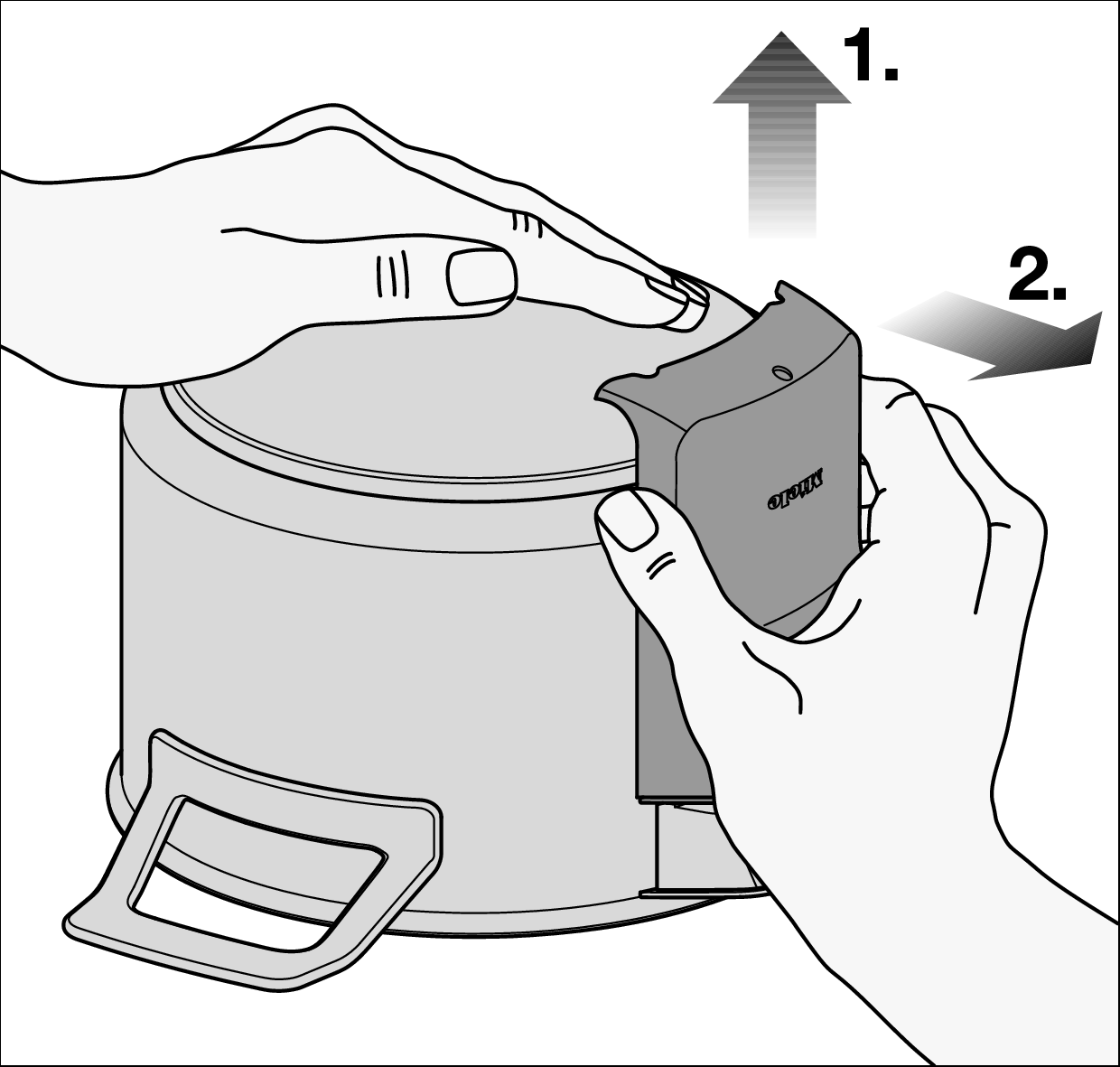 Hand auf die Unterseite des Kochgeschirrs drücken und Abdeckung nach oben und nach vorne abziehen | Batterien wechseln | Miele M Sense Topf