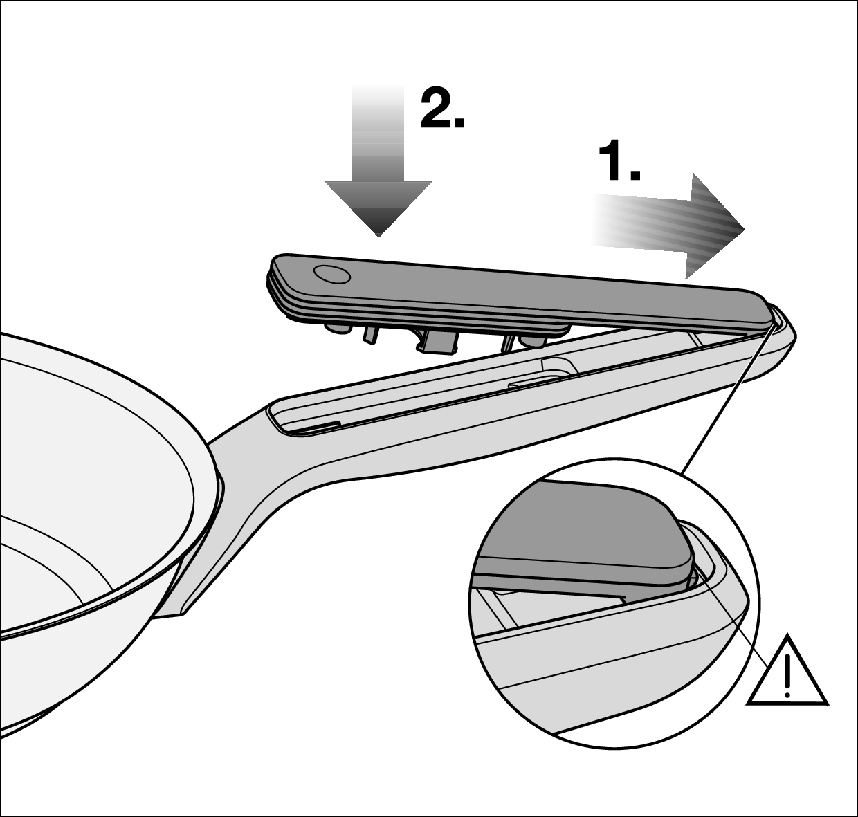 Abdeckung wieder in die Halterung schieben und auf den Grißff drücken | Batterien wechseln | Miele M Sense Pfanne